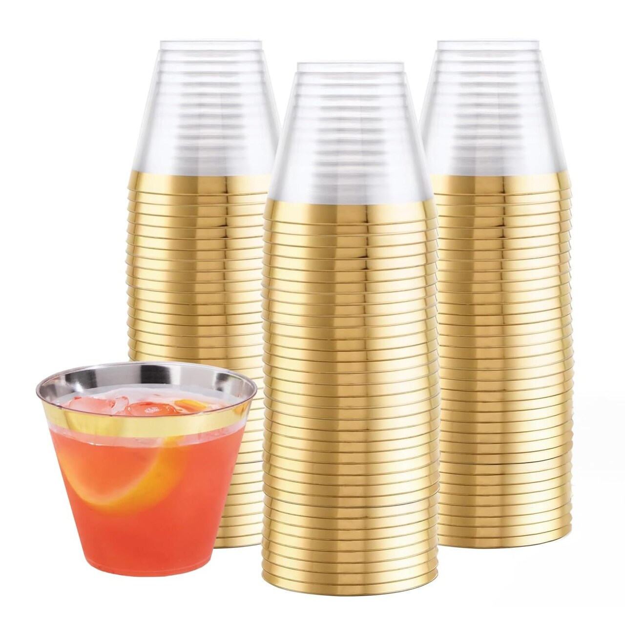100 pk 9oz Gold Rimmed Plastic Disposable Cups, Wine Glass for Party and Events
